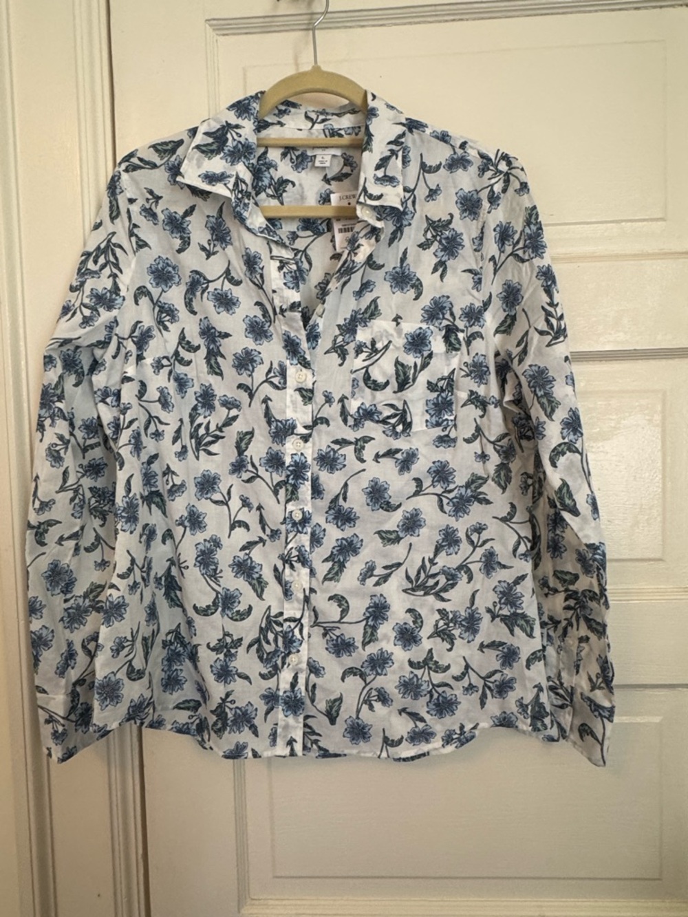 J.Crew White Button-Up Shirt with Blue Floral Print Large